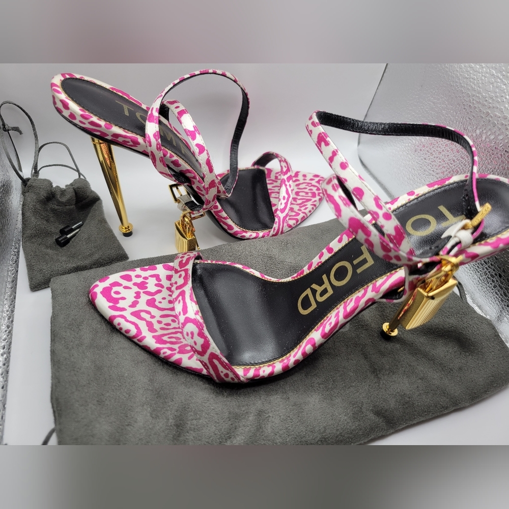 Tom Ford padlock hot pink/white animal print, lock ankle strap sandal heel pump